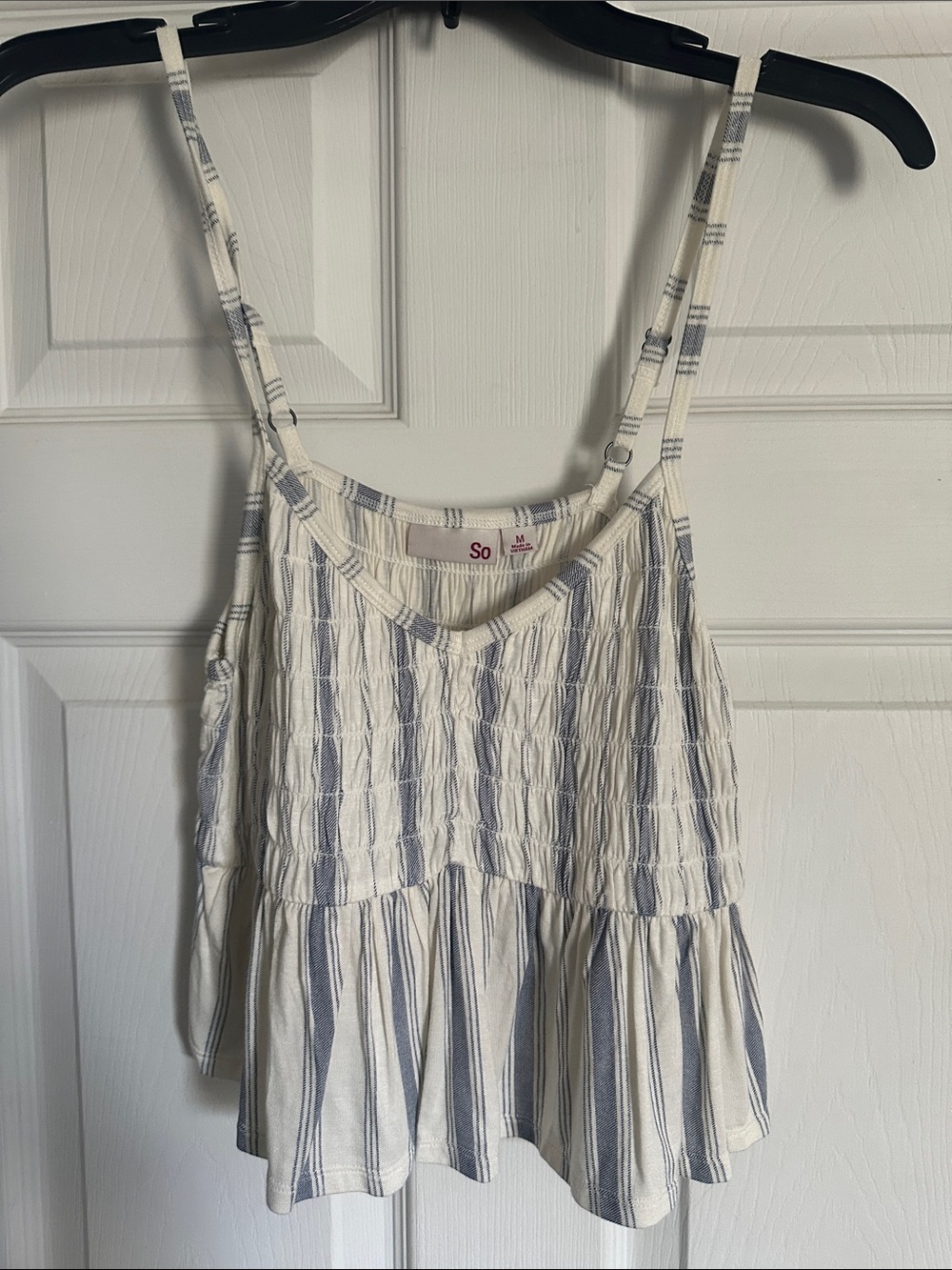 SO Ivory and Light Blue Striped Smocked Peplum Camisole